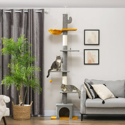 Floor to Ceiling Cat TreeTower with 90.5"-108" Adjustable Height, Scratching Posts, Hammock, Condo, Toy Ball, Dark Grey