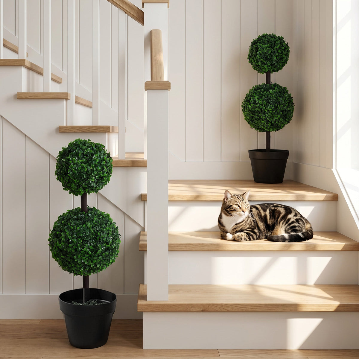 2 Ball Topiary Tree in Pot for Home Decor, Artificial Plant for Home Office, Living Room Decor, Dark Green