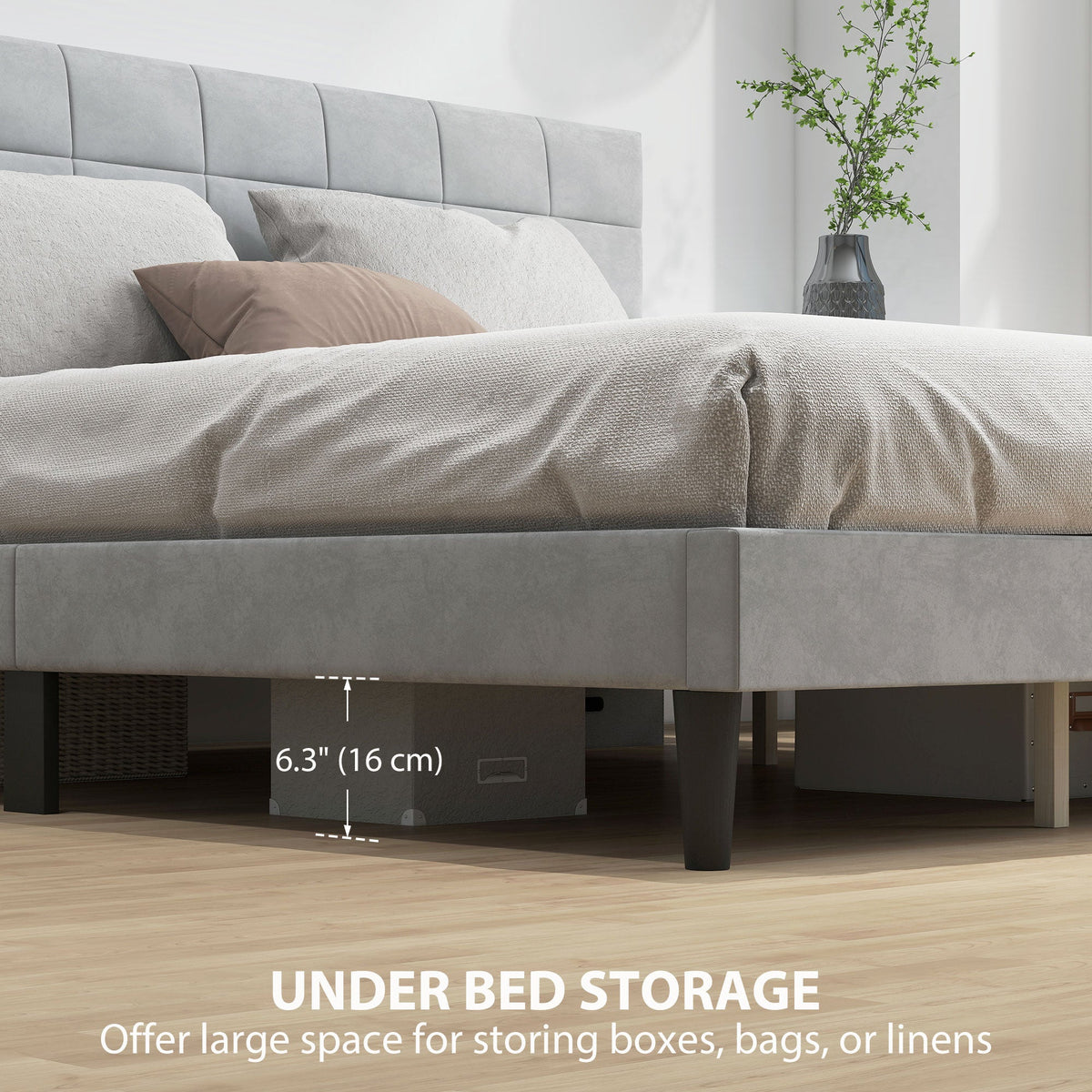 Queen Size Bed Frame with Upholstered Headboard, Modern Platform Bed Frame with Wood Slats, 1100 lbs Capacity, Cream