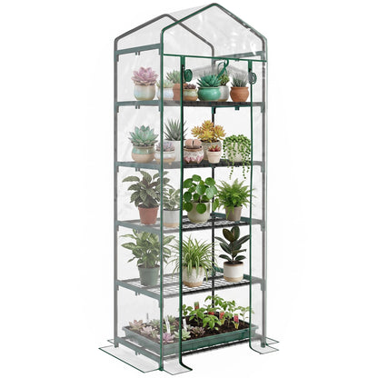 5 Tier Mini Greenhouse, Portable Outdoor Flower Stand with Shelf Clips, Indoor Greenhouse with Steel Frame, Transparent, 27.25" x 19.25" x 76", Green