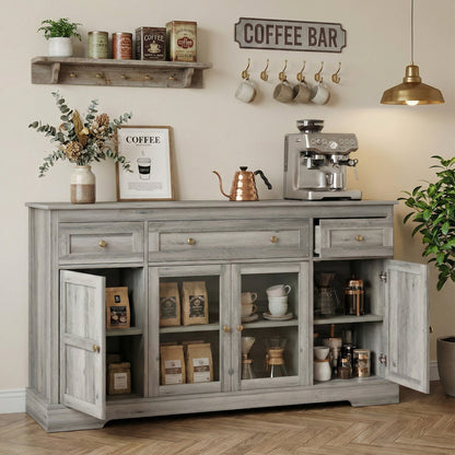 Dining Room Sideboard Buffet Cabinet with Storage, Coffee Bar Cabinet with Glass Doors and Adjustable Shelves, Weathered Grey Oak