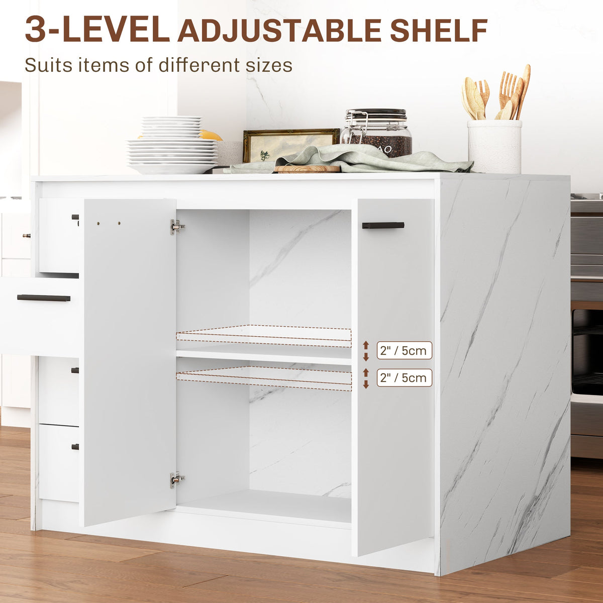 Kitchen Island with Storage Cabinet, 4 Drawers and Adjustable Shelf for Dining Room, Faux Marble Effect and White