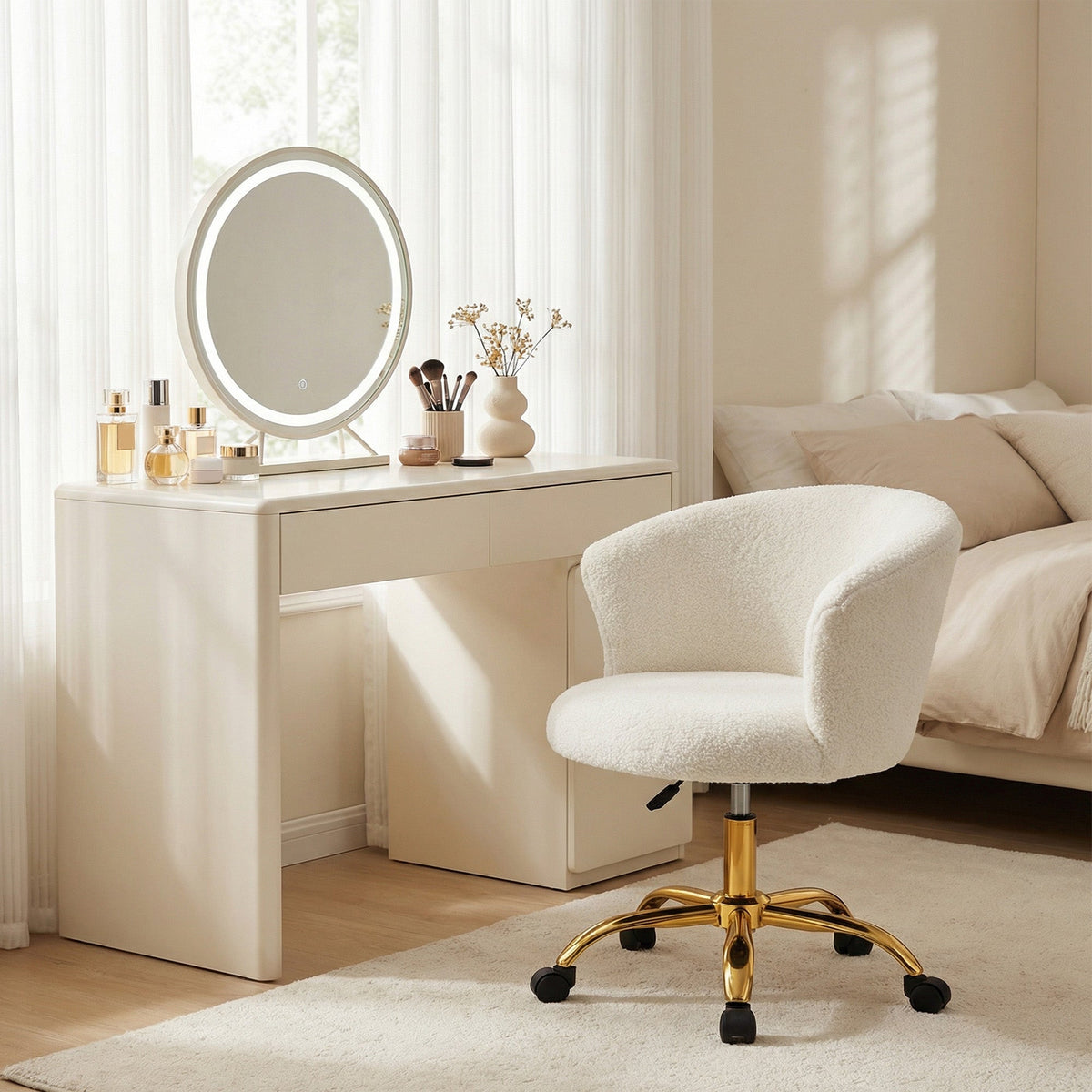 Armless Office Chair, Fluffy Computer Desk Chair with Adjustable Height, Swivel Wheels, Mid Back, Grey