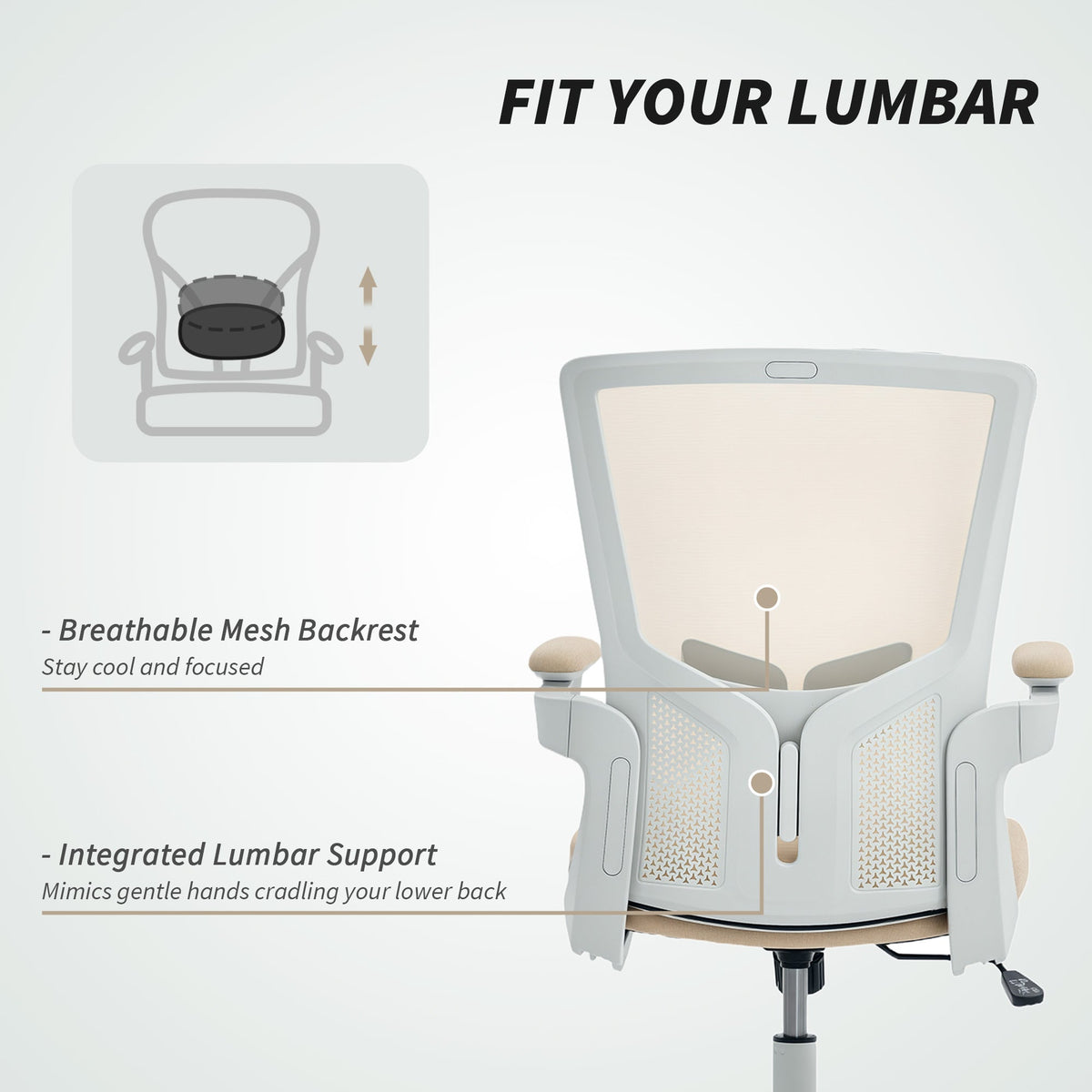 Ergonomic Office Chair, Swivel Desk Chair with Adjustable Lumbar Support, Headrest and Height, Flip-up Armrests, Beige