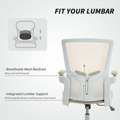 Ergonomic Office Chair, Swivel Desk Chair with Adjustable Lumbar Support, Headrest and Height, Flip-up Armrests, Beige