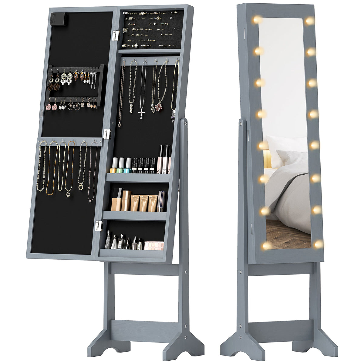Free Standing Armoire Organizer, Lighted Mirrored Jewelry Cabinet w/ Angle Adjustable & 16 LED Lights Warm White