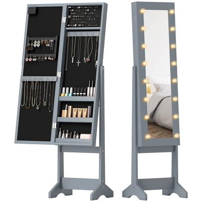 Free Standing Armoire Organizer, Lighted Mirrored Jewelry Cabinet w/ Angle Adjustable & 16 LED Lights Warm White