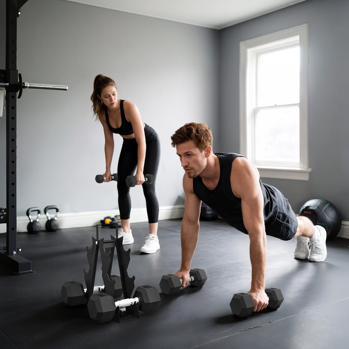 60 LBS Hex Dumbbell Set with Rack, Rubber Coated Weights with Non-Slip Handles for Home Gym Strength Training