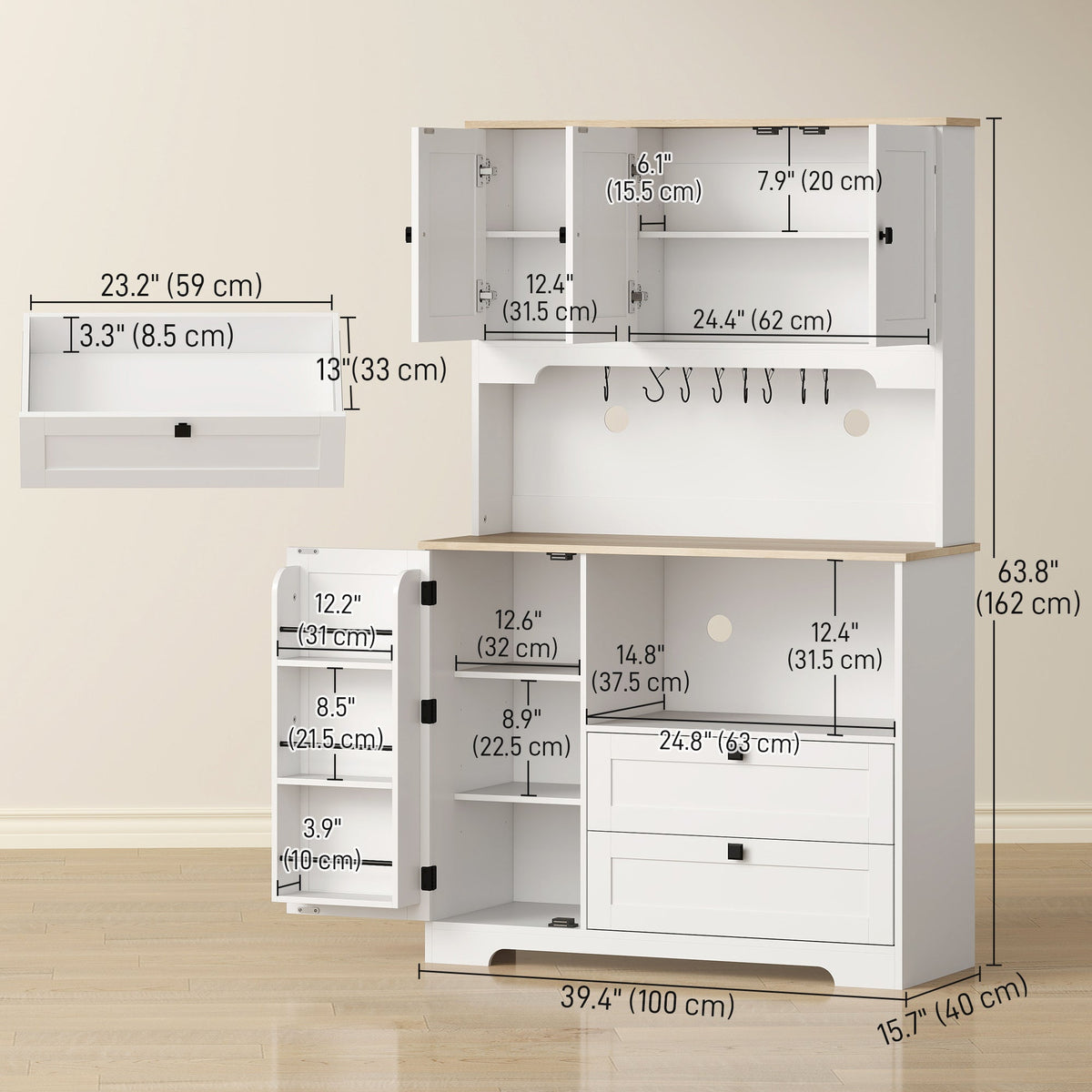 Kitchen Pantry Cabinet, 64" Tall Kitchen Hutch with 3 Cabinets, 2 Drawers, Adjustable Shelves, Microwave Stand, Black