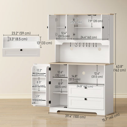 Kitchen Pantry Cabinet, 64" Tall Kitchen Hutch with 3 Cabinets, 2 Drawers, Adjustable Shelves, Microwave Stand, Black