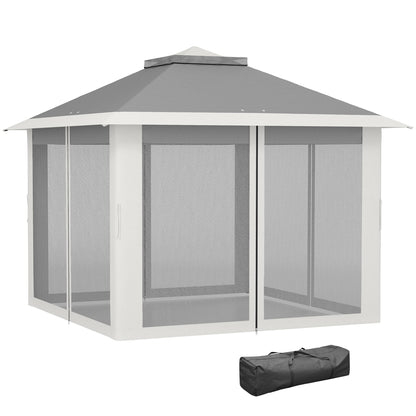 11' x 11' Pop Up Gazebo, Double Roof Foldable Height Adjustable Canopy Tent with Mesh Sidewalls, Carrying Bag, Beige