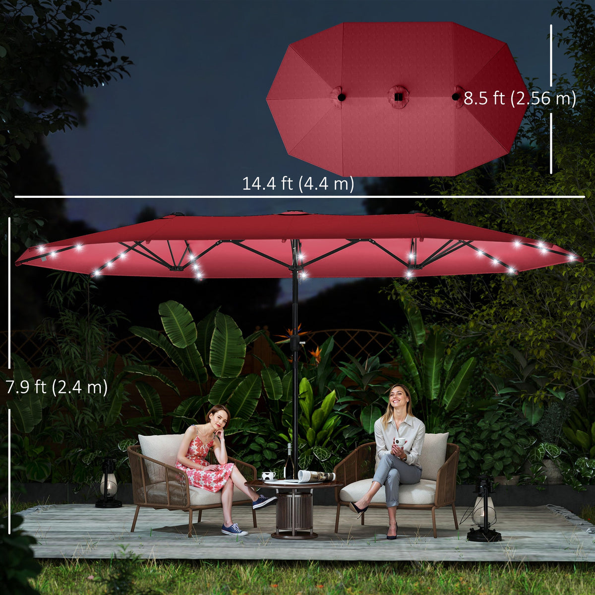 174" Double-Sided Sun Umbrella Garden Parasol Patio Sun Shade Outdoor with LED Solar Light, Khaki