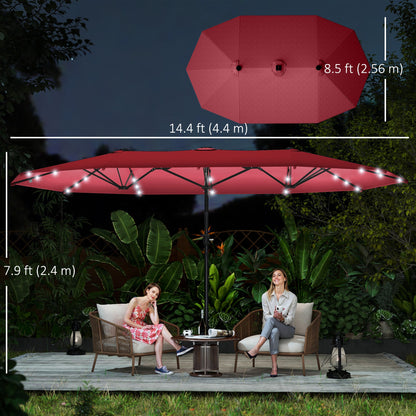 174" Double-Sided Sun Umbrella Garden Parasol Patio Sun Shade Outdoor with LED Solar Light, Khaki