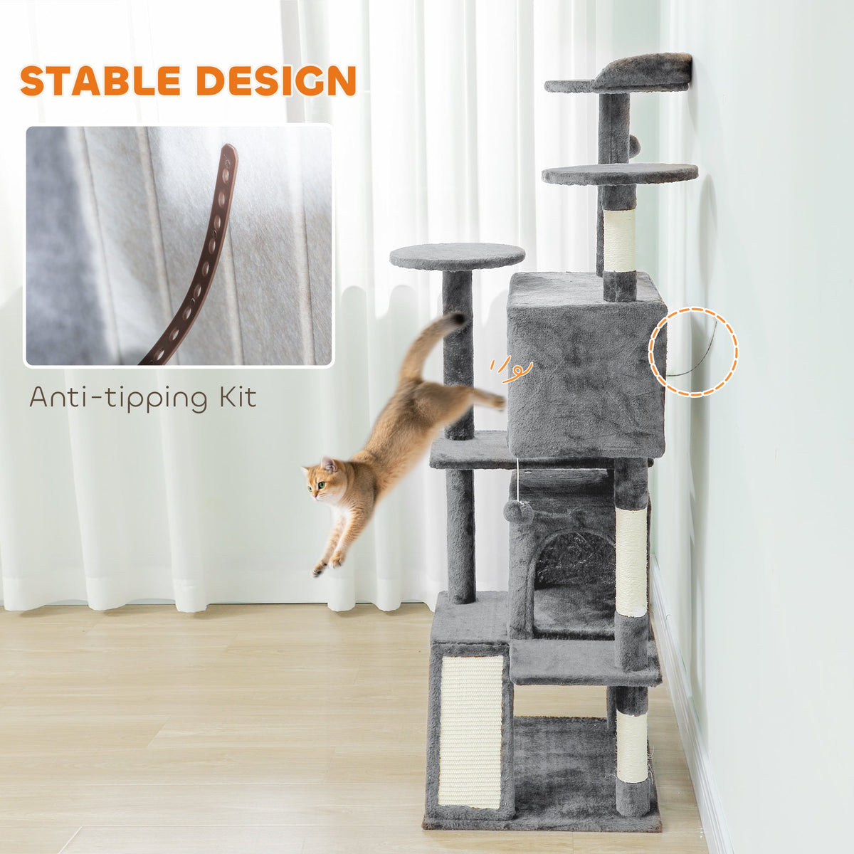54" Cat Tree, Multi-Level Cat Tower with Scratching Posts, Cat Condos, Bed, Platforms, Ramp, Toy Ball, Beige