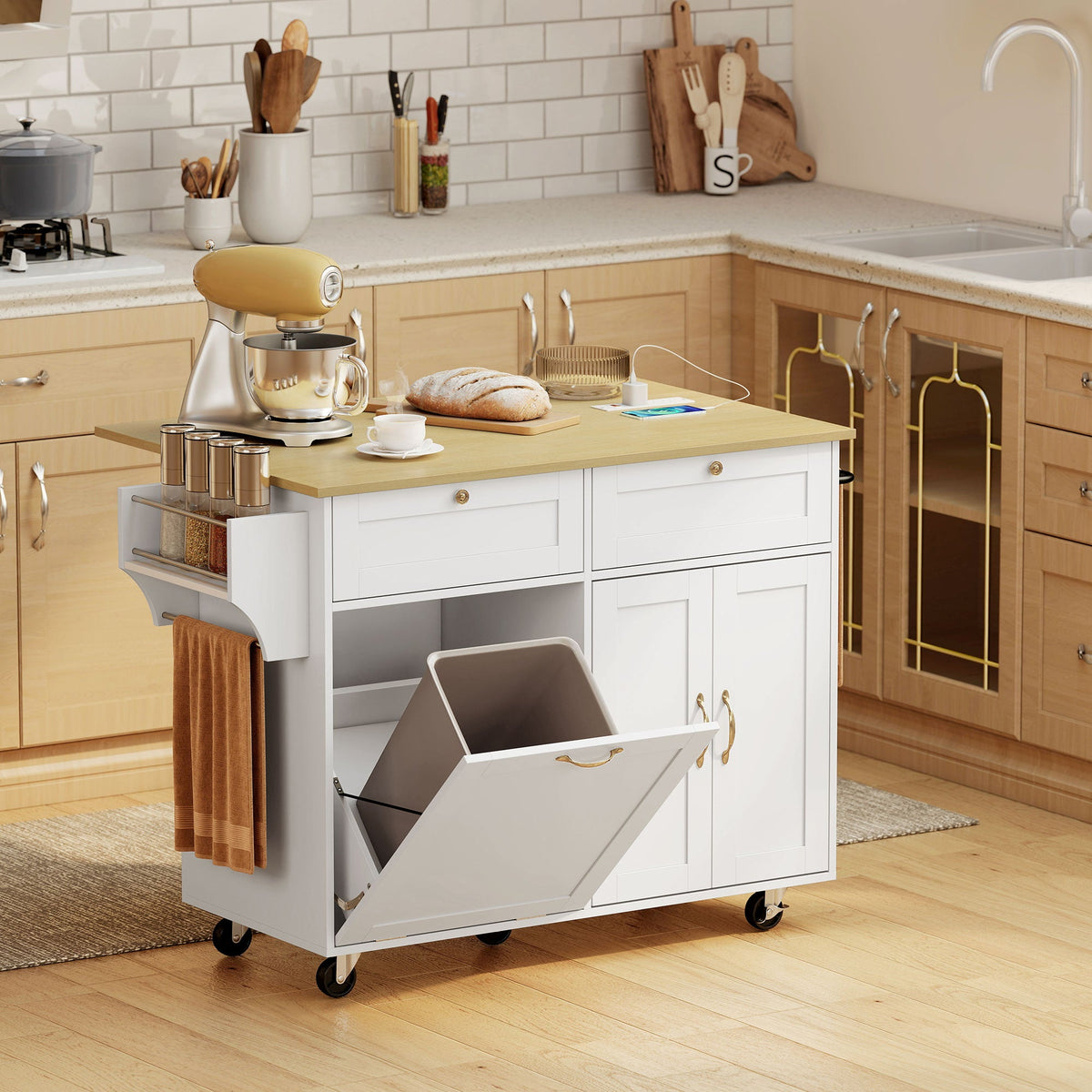 Kitchen Island Cart with Charging Station and Drop Leaf, Kitchen Island Table on Wheels with Trash Can Cabinet, Black