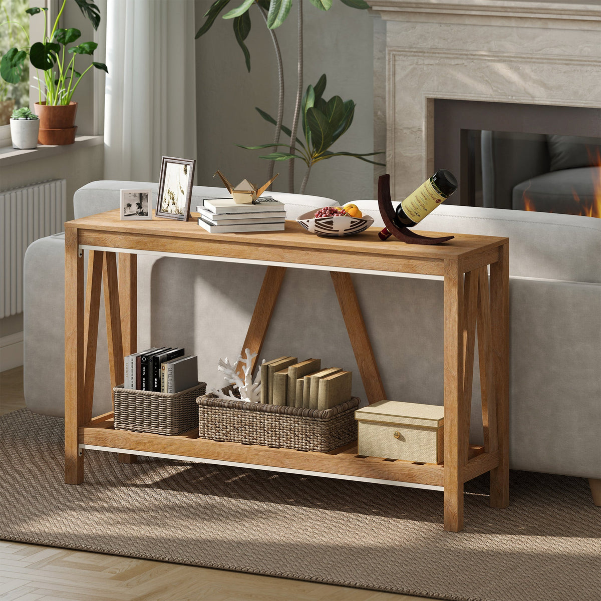 52" Console Table, Farmhouse Narrow Entryway Table with Storage Shelf, Rustic Sofa Table with Anti-tipper for Living Room and Hallway, Oak