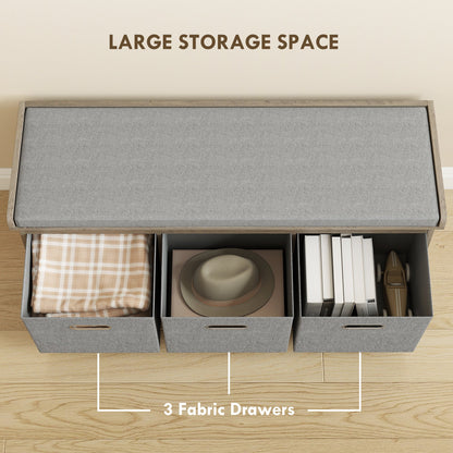 Shoe Storage Bench with Seat, Entryway Bench Seat with Cushion, 3 Fabric Drawers for Hallway, Dark Grey