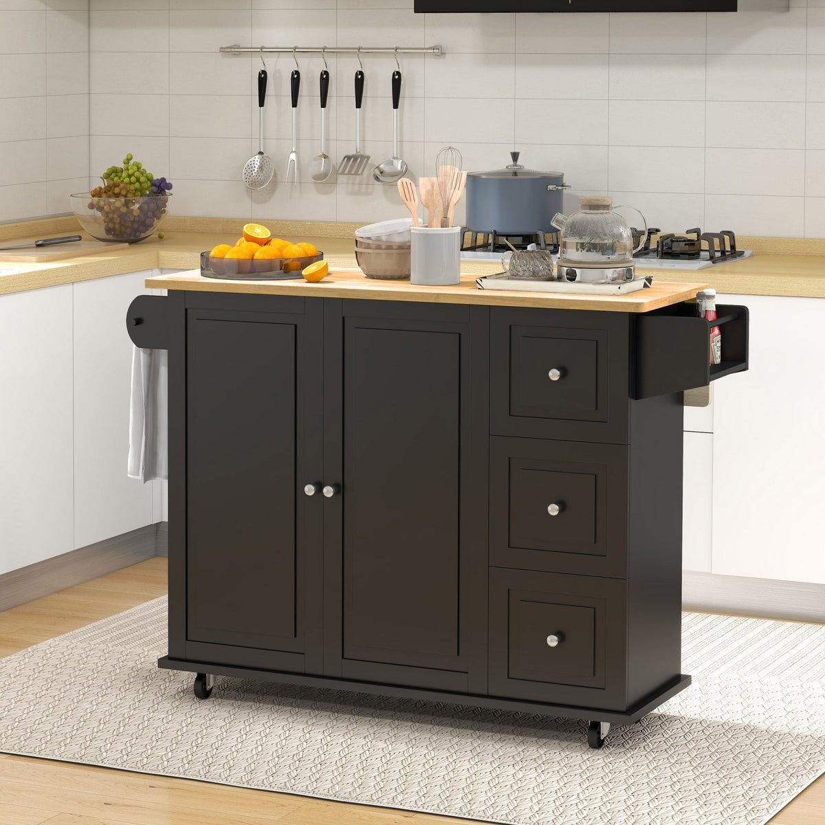 Kitchen Island on Wheels, Kitchen Cart with Drop Leaf, Drawers, Grey
