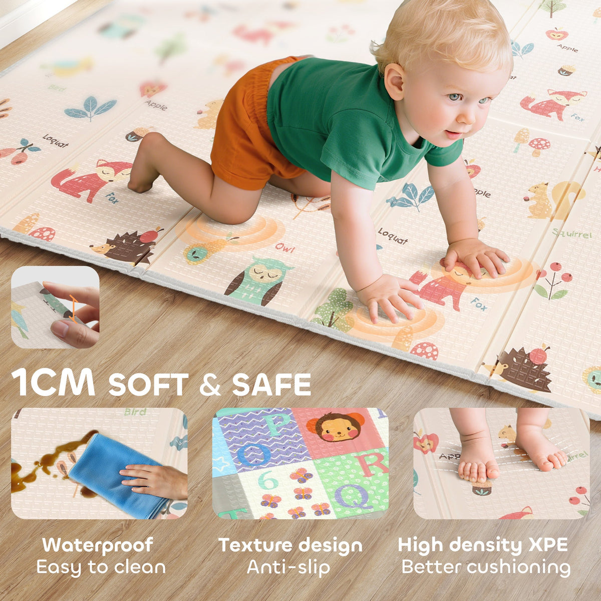 Foldable Baby Plat Mat, 71" x 59" Kids Floor Mat for Crawling and Learning, Number & Animal Theme