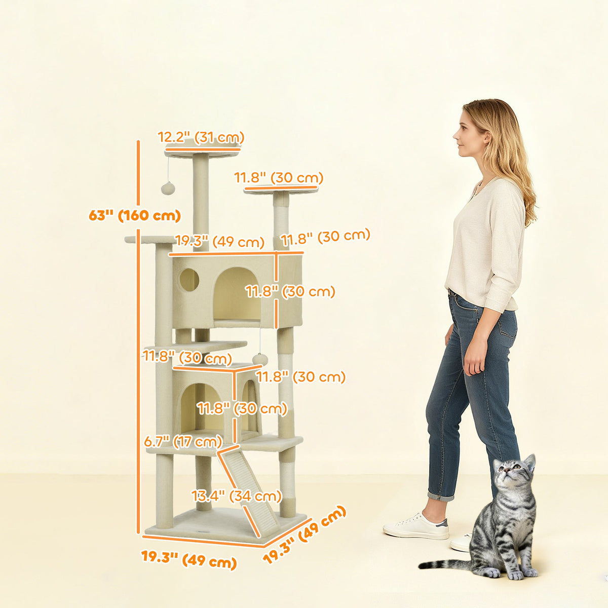 54" Cat Tree, Multi-Level Cat Tower with Scratching Posts, Cat Condos, Bed, Platforms, Ramp, Toy Ball, Beige