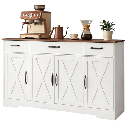 Sideboard Buffet Cabinet, 55" Farmhouse Kitchen Cabinet with 4 Barn Doors, 3 Drawers, 3 Adjustable Shelves, Black