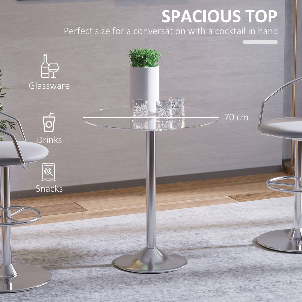 Round Dining Table, Modern Pub Table with Tempered Glass Top, Galvanized Metal Base, Small Dining Table, Silver