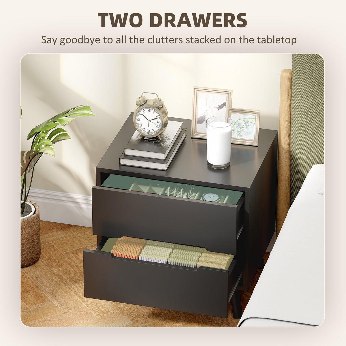 Nightstand, Bedside Table with 2 Drawers, Modern Side End Table with Solid Wood Legs for Bedroom, White