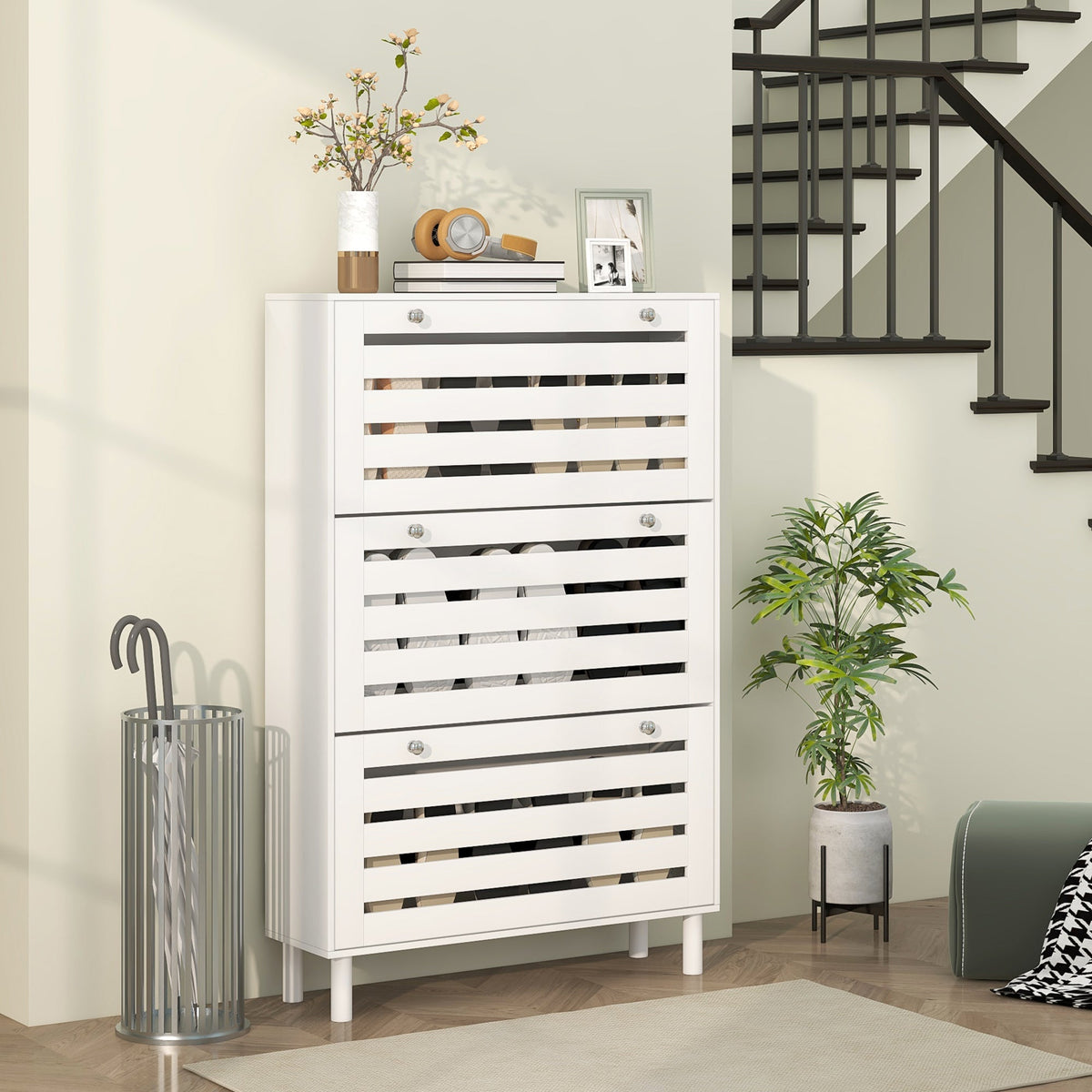 Narrow Shoe Storage Cabinet, 3 Flip Drawers, Adjustable Shelves, 18-24 Pairs Capacity, Black