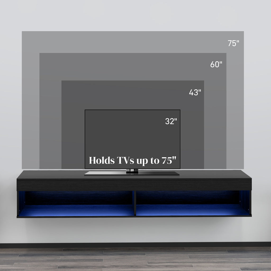 Lane Modern Wall Mounted TV Stand with Storage and LED Lights-Black