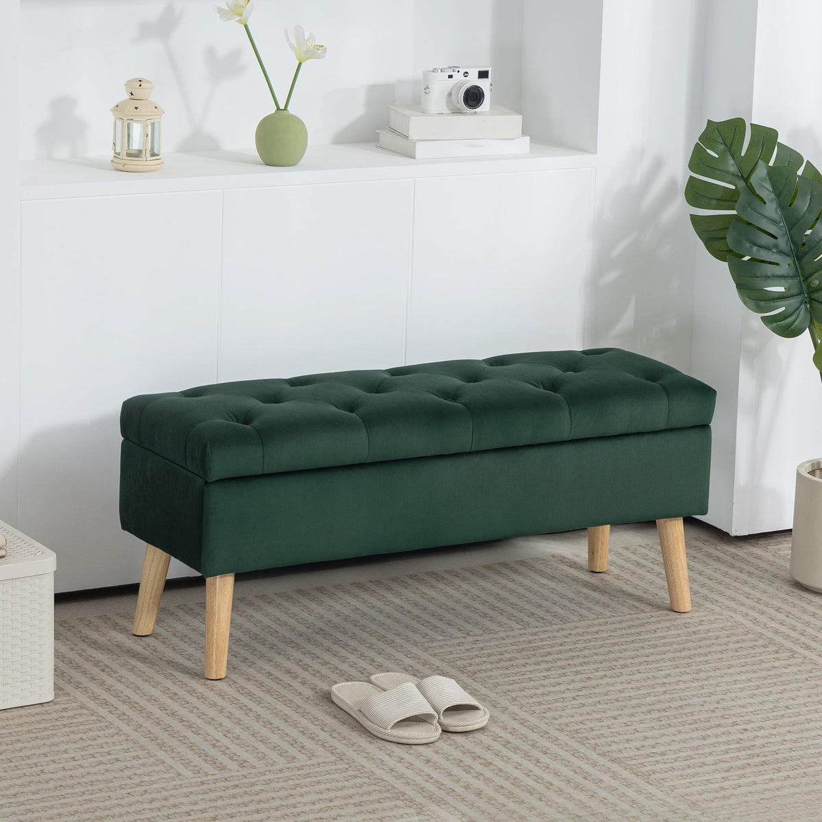 Storage Ottoman with Lid, Velvet Upholstered Storage Bench with Wood Legs for Living Room, Black