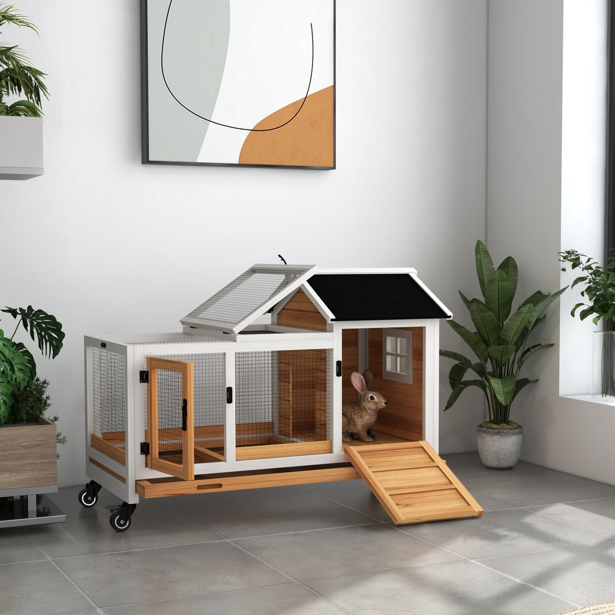 Rabbit Cage with Wheels, Ramp, Run, Tray for Indoor Outdoor, Suitable for Rabbit, Guinea Pig, Coffee