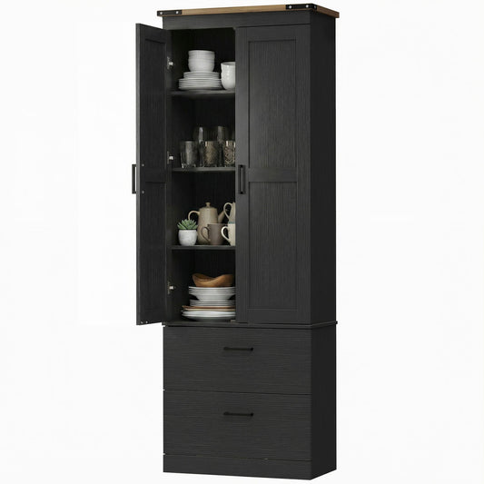 67" Tall Kitchen Pantry Storage Cabinet, Kitchen Pantry Cabinet with Doors, Drawers and Adjustable Shelves, Black
