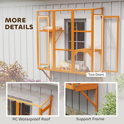 Wooden Catio Outdoor, Cat Window Box Enclosure for 2-3 Large Cats with 2 Jumping Platforms & Scratching Post, Grey
