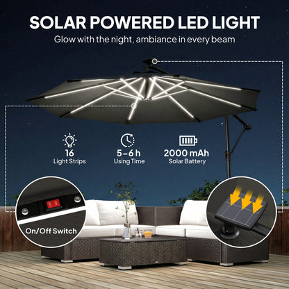 10 ft Offset Patio Umbrella with Solar Light, Garden Hanging Parasol with 360° Rotation, Tilt, Cover, Black
