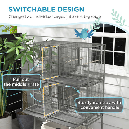 61"H Divided Breeder Bird Cage with Rolling Stand Removable Metal Tray, Storage Shelf, Wood Perch, and Food Container, Dark Grey