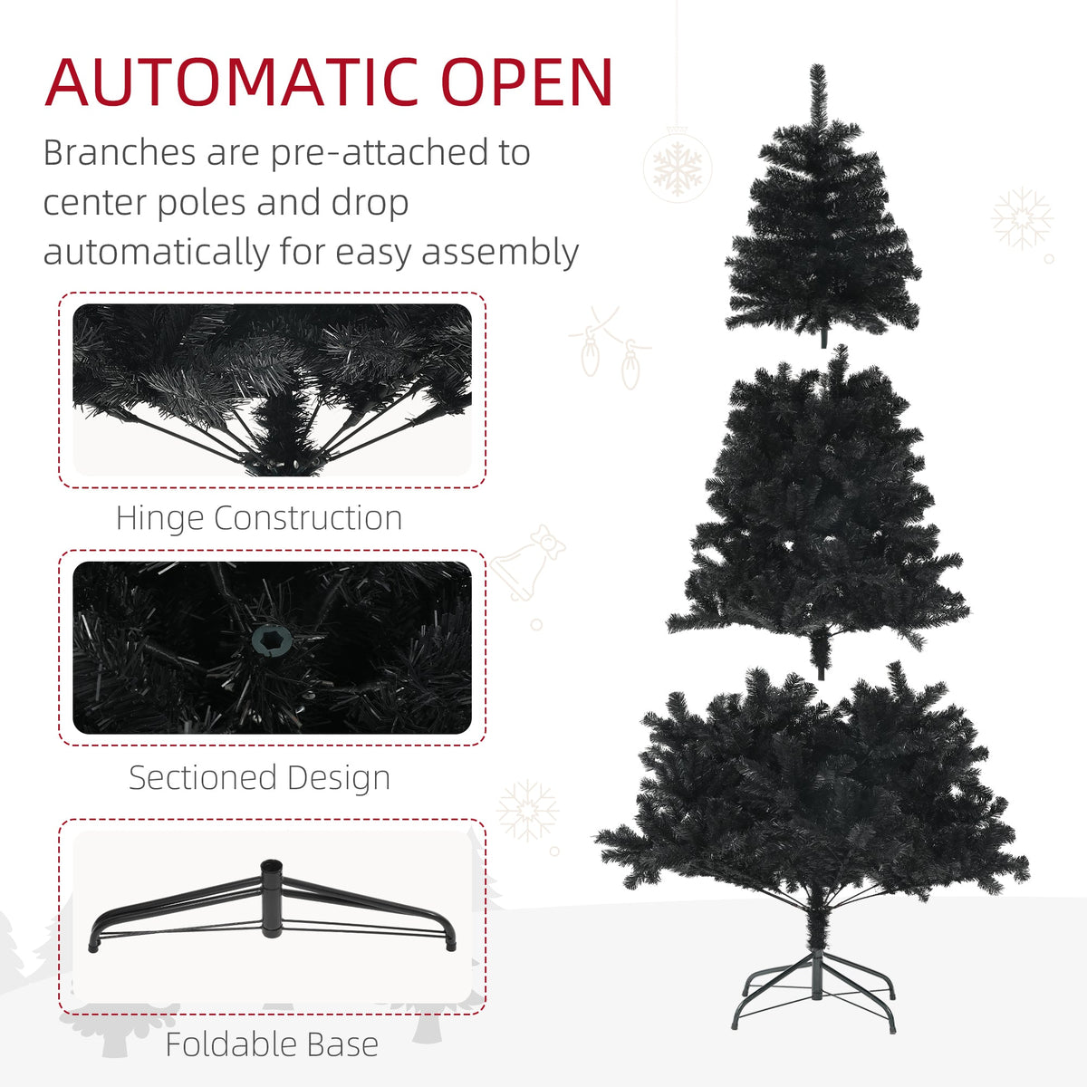 5ft Artificial Christmas Trees with Auto Open and Steel Base, Black