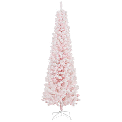 6ft Flocked Christmas Tree, Pencil Christmas Tree with Realistic Branch Tips, Folding Metal Stand, Green