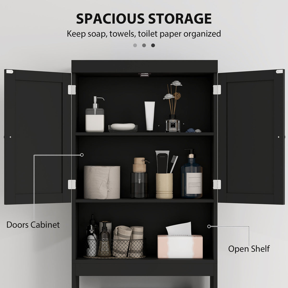 Over The Toilet Cabinet, Modern Bathroom Above Toilet Storage with Barn Doors and Open Shelf, Black