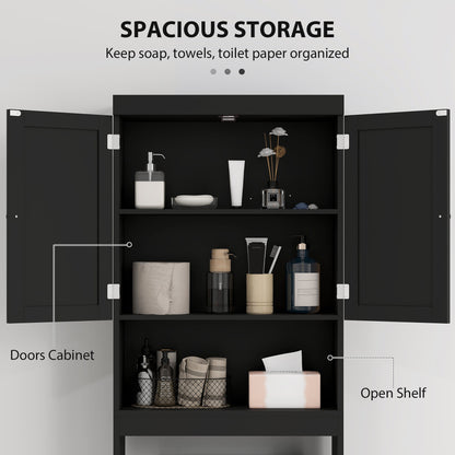 Over The Toilet Cabinet, Modern Bathroom Above Toilet Storage with Barn Doors and Open Shelf, Black