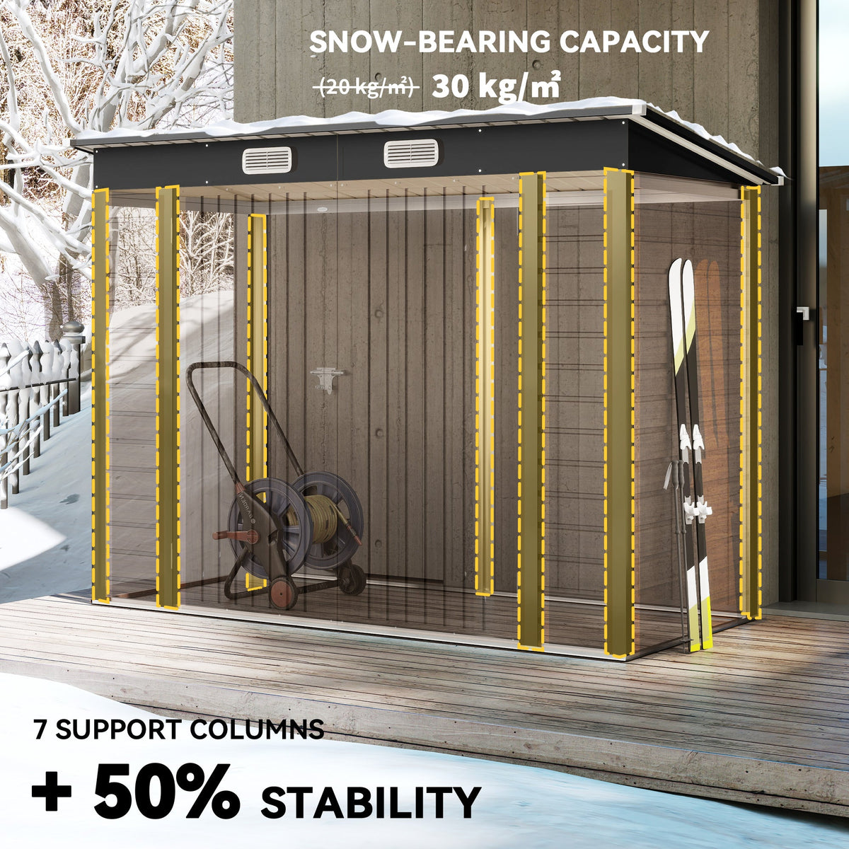 8 x 4FT Galvanized Garden Storage Shed, Metal Outdoor Shed with Double Doors and 2 Vents, Oak