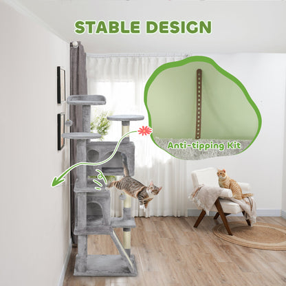 54" Cat Tree, Multi-Level Cat Tower with Scratching Posts, Cat Condos, Bed, Platforms, Ramp, Toy Ball, Beige