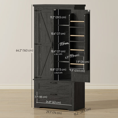 Farmhouse Kitchen Pantry Storage Cabinet, 64" Freestanding Kitchen Pantry Cabinet with Drawers, Distressed Black