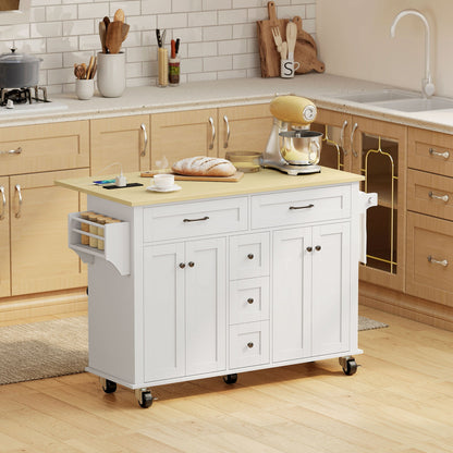 Kitchen Island Cart with Power Outlet & Drop Leaf, 55" Rolling Kitchen Island on Wheels with Storage, Black
