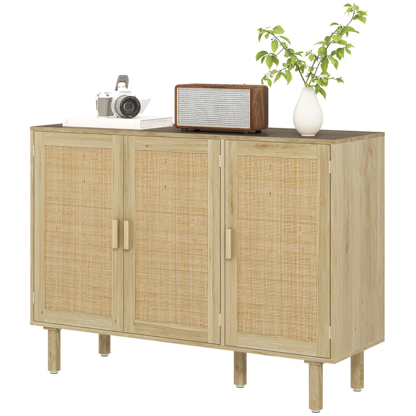 Quinn Bohemian 46.9" Hallway Cabinet/Sideboard with 3 Rattan Doors-Oak