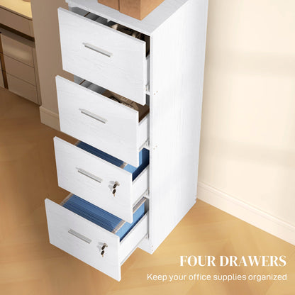 Vertical Filing Cabinet with Lock, 4 Drawer File Cabinet with Adjustable Hanging Bar for A4 and Letter Size, White