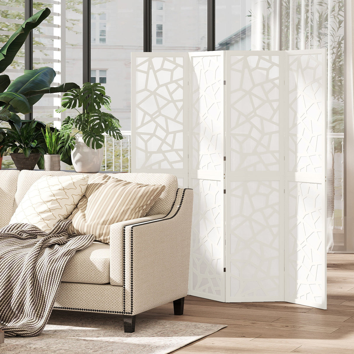 4 Panel Room Divider, 5.6 FT Lightweight Folding Privacy Screen with Geometric Pattern for Living Room, Bedroom, Black