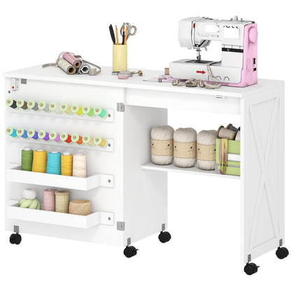 Sewing Machine Table on Wheels, Folding Craft Table with 2 Bins, Storage Shelf, 18 Pegs, Lockable Wheels, Brown