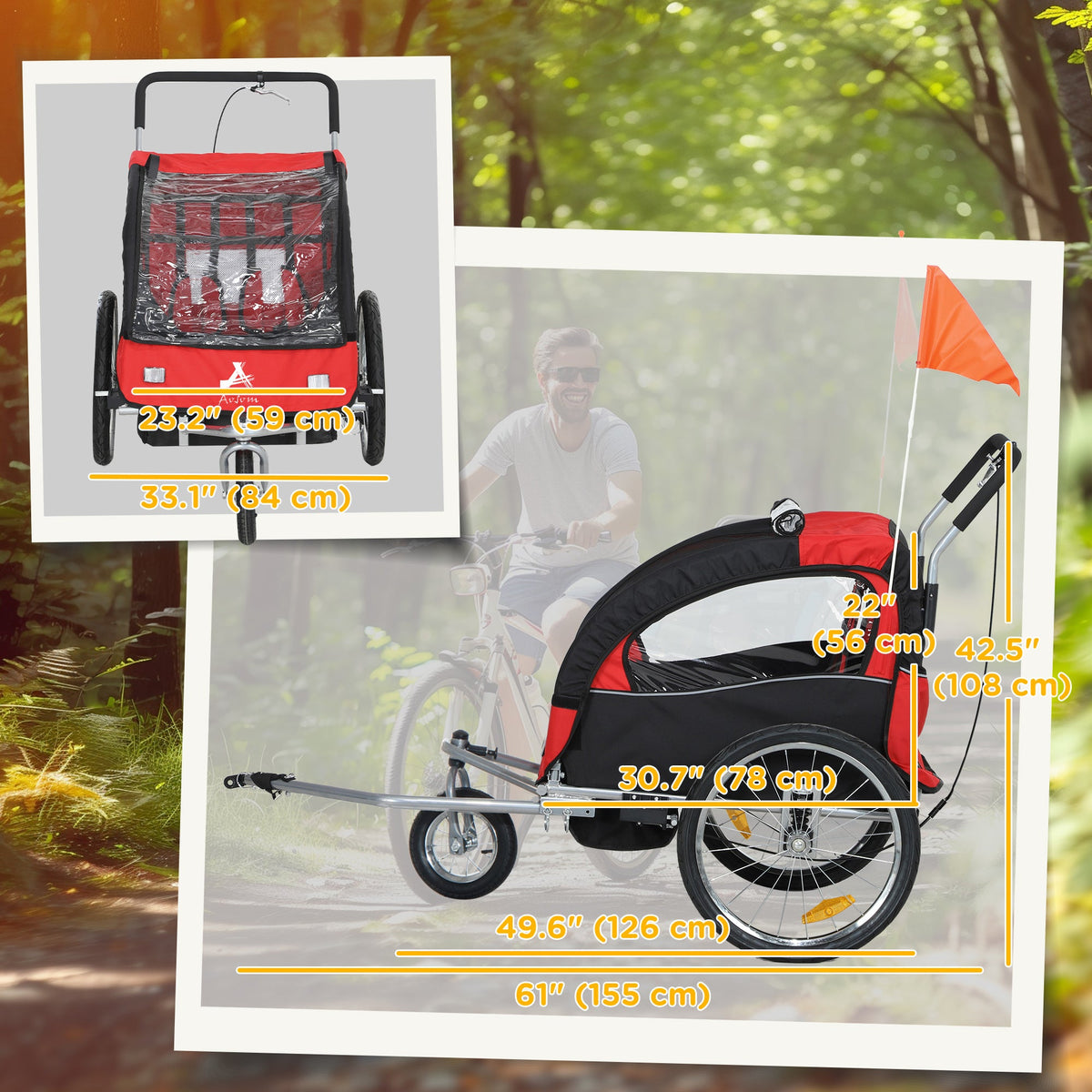 2-in-1 Bike Trailer for Kids, Foldable 2-Seat Baby Stroller with 5-Point Harness, Rubber Wheels, Storage Bag, Black