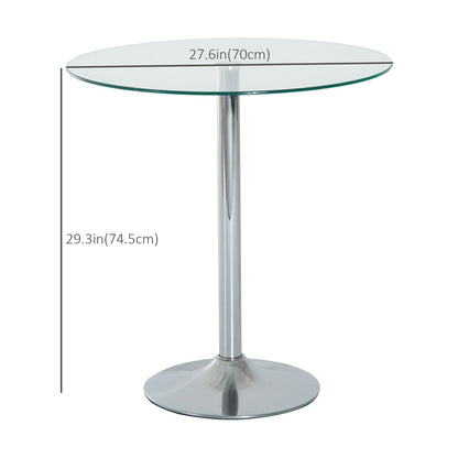 Round Dining Table, Modern Pub Table with Tempered Glass Top, Galvanized Metal Base, Small Dining Table, Silver
