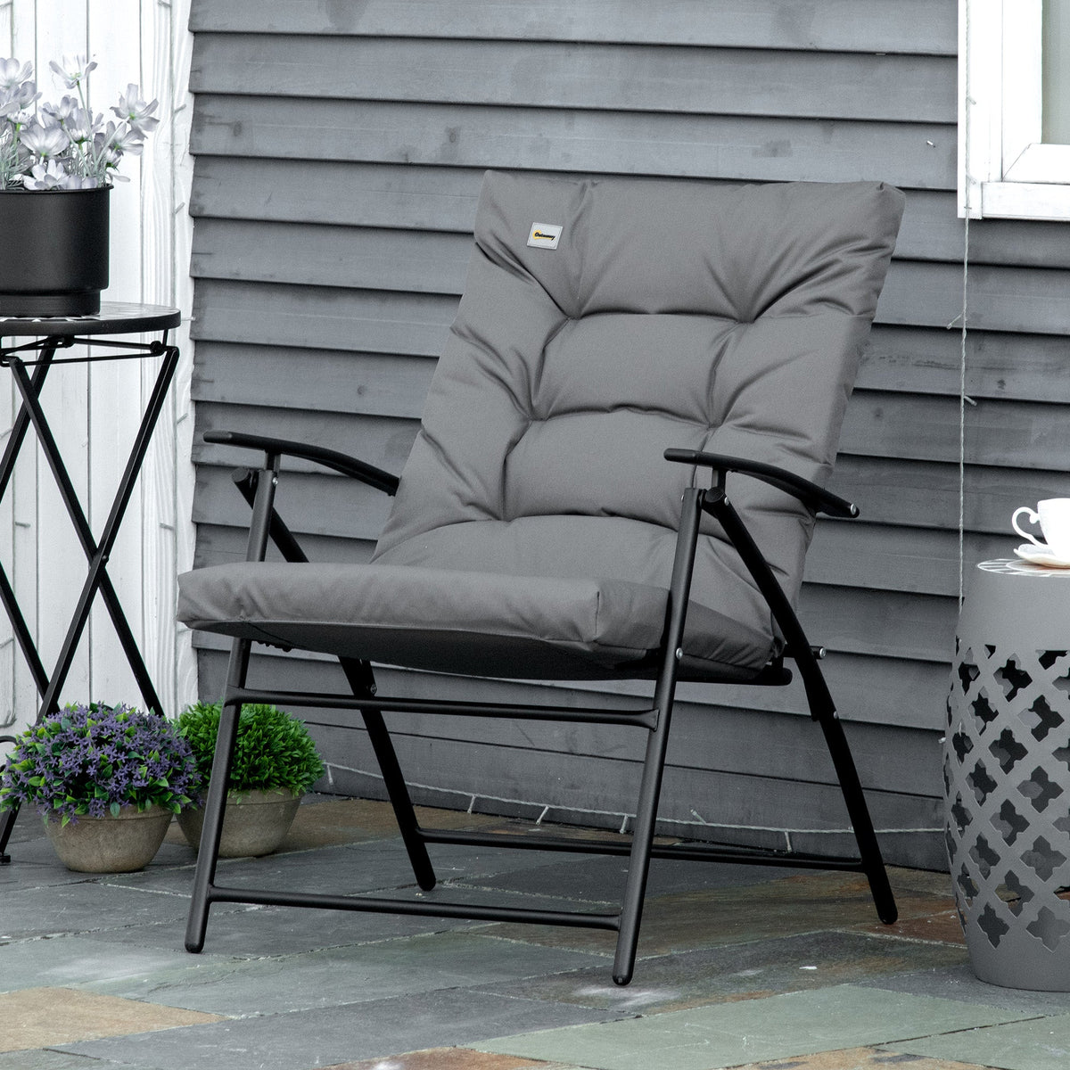 Foldable Lounge Chair, Fabric Upholstered Recliner, Outdoor Lounger with Armrest, Metal Frame for Backyard, Black